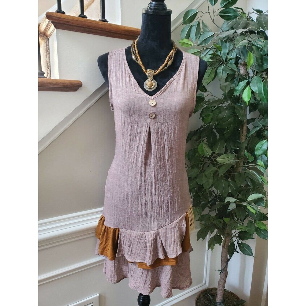 Misslook Lagenlook Brown Cotton Blend V-Neck Sleeveless Knee Length Dress Size M